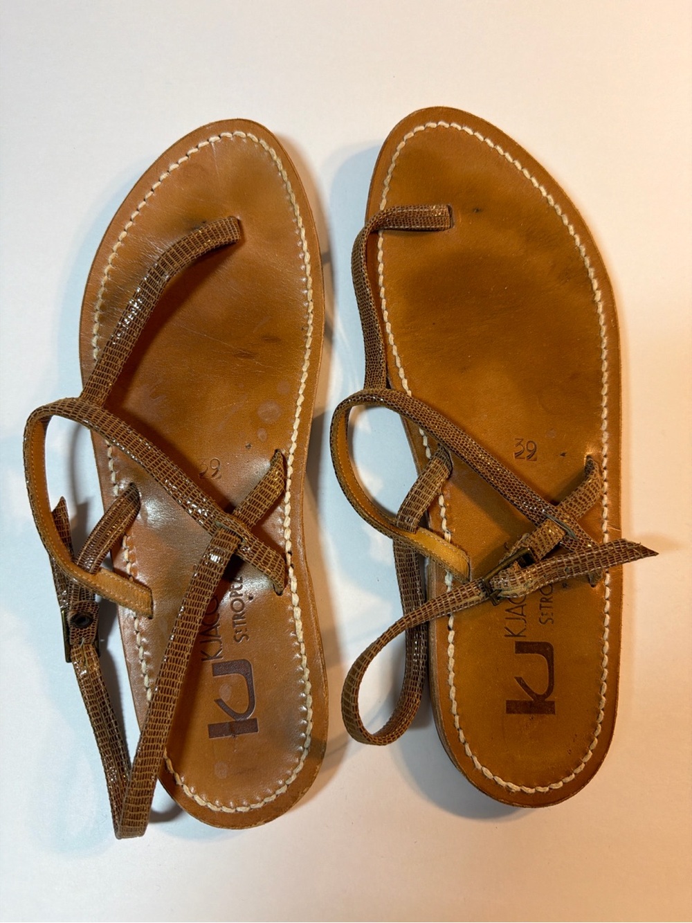 K Jacques St Tropez Brown Lizard Embossed Leather Sandals Size 39 Made in France